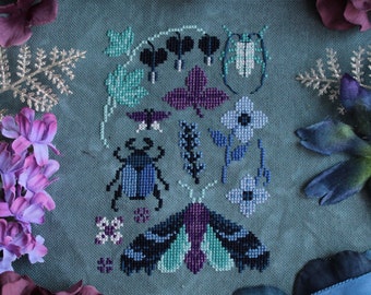 Twilight Nature Walk - Purple Sphinx Moth and Blue Beetle Cross Stitch Pattern - Cottagecore Sampler - PDF Digital Download