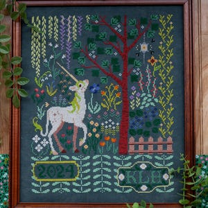 The Unicorn's Garden Cross Stitch Pattern - Botanical Sampler Inspired by the Unicorn Rests in a Garden Medieval Tapestry - PDF Download