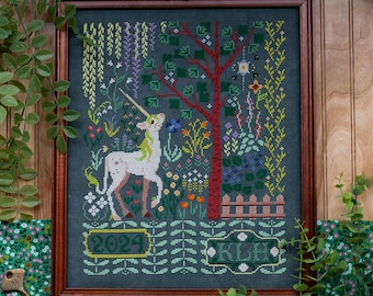 The Unicorn's Garden Cross Stitch Pattern - Botanical Sampler Inspired by the Unicorn Rests in a Garden Medieval Tapestry - PDF Download