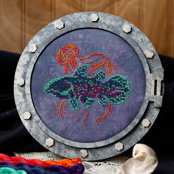 In the Depths Cross Stitch Pattern PDF Digital Download- Coelacanth and Jellyfish Deep Sea Scene