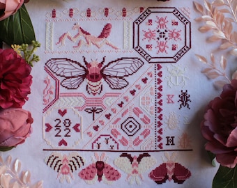 Love Bugs Sampler - Valentine's Quaker Sampler Cross Stitch Pattern - PDF Download