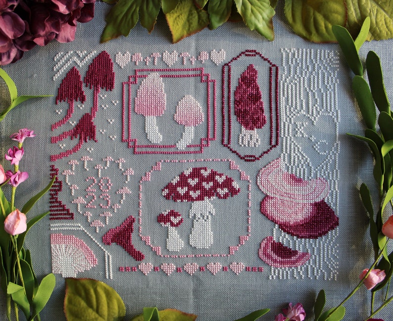 My Mushy Valentine Mushrooms and Hearts Valentine's Sampler PDF Cross Stitch Pattern Digital Download image 3