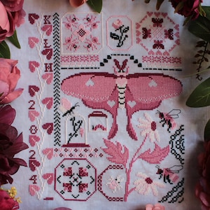 Luna Love Cross Stitch Pattern - Pink Insects and Luna Moth Valentine's Day Sampler - PDF Digital Download