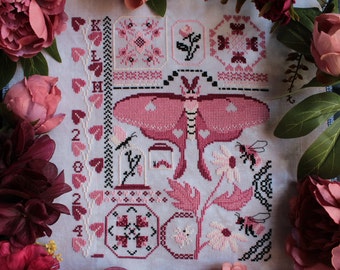 Luna Love Cross Stitch Pattern - Pink Insects and Luna Moth Valentine's Day Sampler - PDF Digital Download