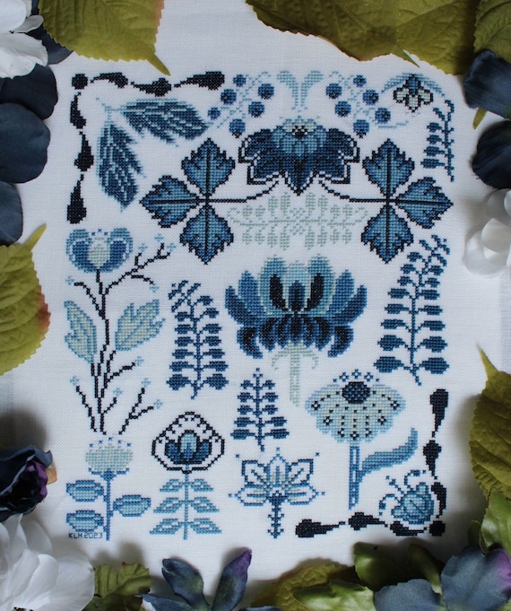 Delft Blooms - Blue Flowers and Motifs Cross Stitch Pattern - PDF