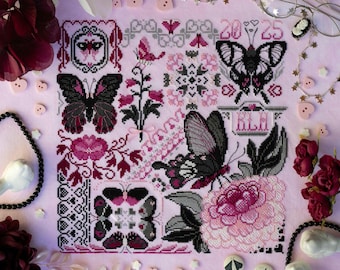 Butterfly Bouquet Cross Stitch Pattern - Pink and Black Gothic Valloween Valentine's Day Sampler with Peony Flowers - PDF Digital Download