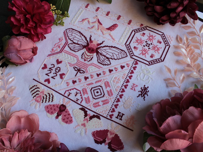 Love Bugs Sampler Valentine's Quaker Sampler Cross Stitch Pattern PDF Download image 3