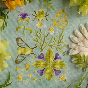 Teatime Nature Walk Cross Stitch Pattern - Glasswing Butterfly, Clearwing Moth, and Tea Plants Cottagecore Sampler - PDF Digital Download