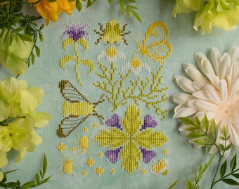 Teatime Nature Walk Cross Stitch Pattern - Glasswing Butterfly, Clearwing Moth, and Tea Plants Cottagecore Sampler - PDF Digital Download