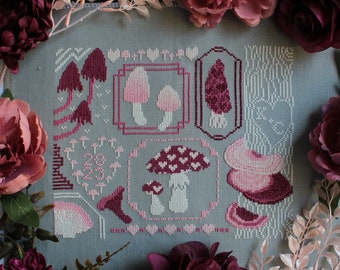 My Mushy Valentine - Mushrooms and Hearts Valentine's Sampler - PDF Cross Stitch Pattern Digital Download