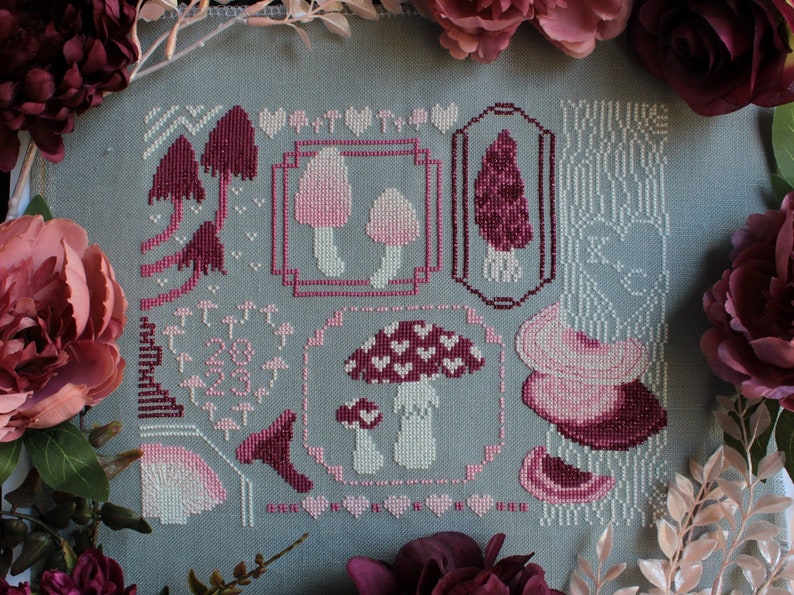 My Mushy Valentine Mushrooms and Hearts Valentine's Sampler PDF Cross Stitch Pattern Digital Download image 1