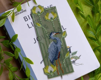 Heron Habitat Cross Stitch Pattern PDF Digital Download - Great Blue Heron and American Lotus Flowers Bookmark