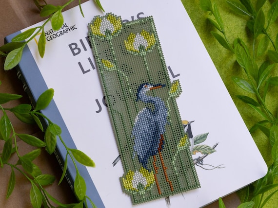 Heron Habitat Cross Stitch Pattern PDF Digital Download - Great Blue Heron and American Lotus Flowers Bookmark