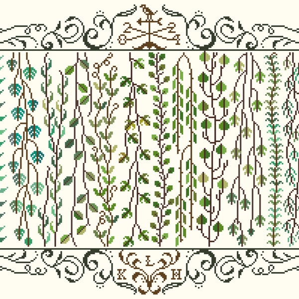Météo vignes, courbe des températures 2024, motif de point de croix feuilles et verdure, téléchargement PDF