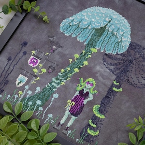 May include: Cross-stitch art featuring a whimsical scene with large mushrooms, a figure with green hair and sunglasses, and stylized plants. The color palette includes shades of blue, green, purple, and gray, creating a fantasy theme.