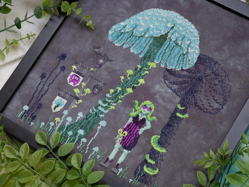 May include: Cross-stitch art featuring a whimsical scene with large mushrooms, a figure with green hair and sunglasses, and stylized plants. The color palette includes shades of blue, green, purple, and gray, creating a fantasy theme.