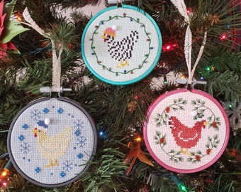 Yuletide Chickens Bundle - Three Hen Ornament Cross Stitch Patterns - Pine Boughs - String Lights - Snowflakes - PDF Download