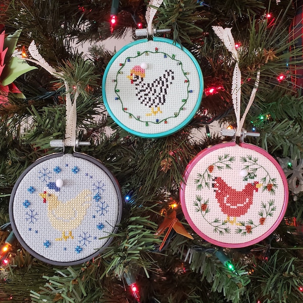 Yuletide Chickens Bundle - Three Hen Ornament Cross Stitch Patterns - Pine Boughs - String Lights - Snowflakes - PDF Download