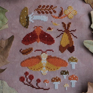 Midafternoon Nature Walk - Cottagecore Cross Stitch Pattern - Moths and Mushrooms Sampler - PDF Digital Download
