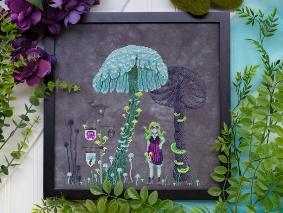 Mycelium Metro Cross Stitch Pattern PDF Digital Download - Glowing Mushroom Bus Stop with Medusa