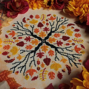 May include: A cross-stitch embroidery of a tree with autumn leaves in shades of red, orange, and yellow. The tree is surrounded by a circle of leaves and the text "KLM 2023" is visible in the lower right corner.