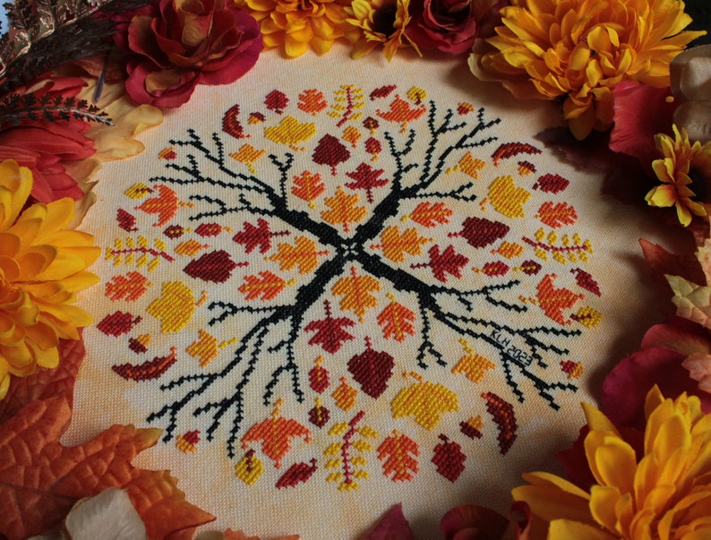 May include: A cross-stitch embroidery of a tree with autumn leaves in shades of red, orange, and yellow. The tree is surrounded by a circle of leaves and the text "KLM 2023" is visible in the lower right corner.