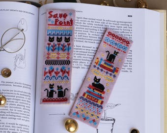 Black Cats and Book Stacks Bookmarks Cross Stitch Pattern - Library Page Saver Primary Colors and Geometric Borders - PDF Digital Download