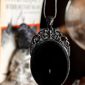 Black Obsidian Scrying Mirror Pendant Witches Magick Gothic Victorian Mirror Necklace PN6