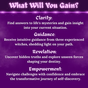 Op de afbeelding: Paarse achtergrond met witte tekst die "What Will You Gain?" luidt en vier voordelen opsomt: Duidelijkheid, Begeleiding, Openbaring en Empowerment. Elk voordeel wordt in een paar zinnen beschreven.