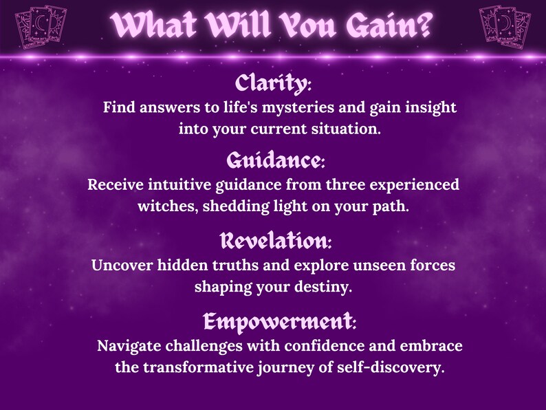Op de afbeelding: Paarse achtergrond met witte tekst die "What Will You Gain?" luidt en vier voordelen opsomt: Duidelijkheid, Begeleiding, Openbaring en Empowerment. Elk voordeel wordt in een paar zinnen beschreven.
