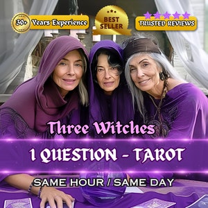 May include: Three women wearing purple robes and head coverings are sitting at a table with tarot cards. The text on the image reads "Three Witches 1 QUESTION - TAROT SAME HOUR / SAME DAY".