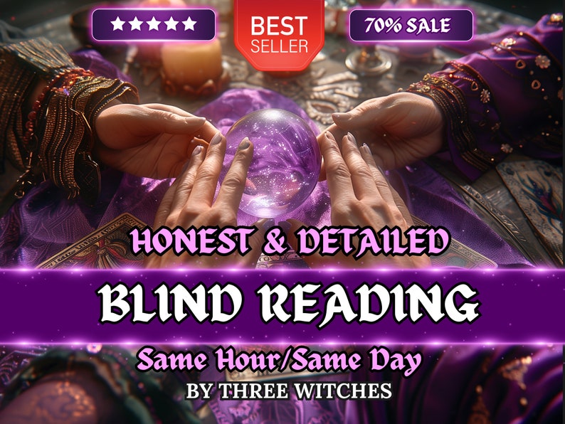 Op de afbeelding: Een kristallen bol ligt op een paarse tafelkleed met twee handen die ernaar reiken. De tekst luidt "Honest & Detailed Blind Reading Same Hour/Same Day By Three Witches".