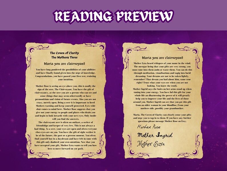 May include: A vintage-style reading with text about clairvoyance and the Mothers Three: Rose, Ingrid, and Ezra. The text is on a parchment-like background with a purple border.