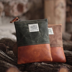 Waxed Canvas Zipper Pouch | Leather Pouch - Zipper Pouch - Camping Pouch - Bushcraft Case - Army Pocuh - Military Pouch