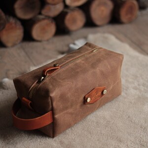 Waxed Canvas Dopp Kit Makeup Bag Cappuchino