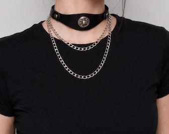 Collana girocollo in pelle / Collana western in pelle, collare gotico regolabile, catena opzionale
