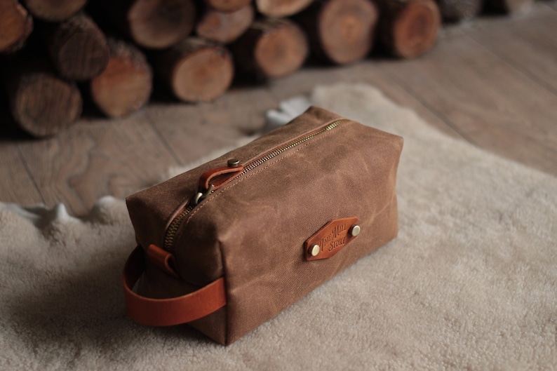 Waxed Canvas Dopp Kit Makeup Bag Cappuchino