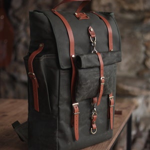 Waxed Canvas Backpack | Leather Backpack - Bushcraft Pack - Bushcraft Bakcpack - Climbing Bag - Rucksack - Camping Bag - Hinking Bag