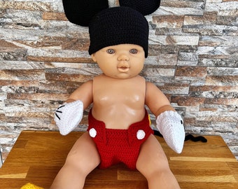 Traje de Mickey Mouse de ganchillo hecho a mano, traje de bebé recién nacido, Cosplay de prop de fotografía de bebé, regalo de Babyshower hecho a mano, traje de Mickey de bebé niño