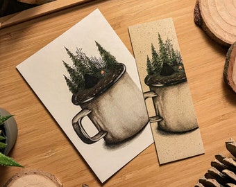 Bookmark postcard set tent cup, grass paper with envelope, camping, sustainable, small gift Mother's Day, Easter gift