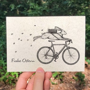 Osterkarte Hase Fahrrad Graspapier Postkarte mit Briefumschlag, nachhaltiges Ostergeschenk, Ostergeschenk, kleines Geschenk Ostern