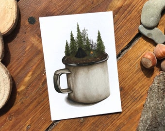 Postcard tent in enamel cup recycled paper with grass paper envelope, scouts, tents, sustainable, illustration, art print