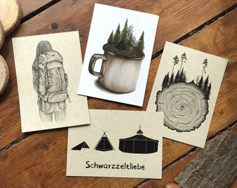 Set of 4 postcards A6 with grass paper envelopes, hiking, camping, scouts, outdoor, camping, traveling, sustainable gift