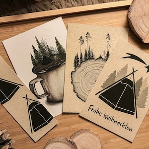 Geschenk Set Zelten Weihnachten, Graspapier mit Briefumschlag, Lesezeichen, Postkarte, Pfadfinder,  nachhaltiges Geschenk