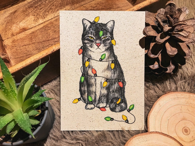 Weihnachtskarte Katze Graspapier mit Briefumschlag, Grumpy Cat, nachhaltiges Geschenk Bild 1
