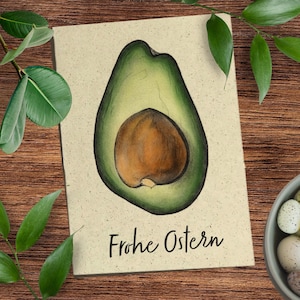 Osterkarte Avocado Graspapier Postkarte mit Briefumschlag, Vegan, nachhaltiges Ostergeschenk, Ostergeschenk, kleines Geschenk Ostern