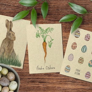 3er Set Postkarten Ostern Graspapier mit Briefumschlag, Hase Möhre Ostereier farbig, nachhaltiges Ostergeschenk, Ostergeschenk