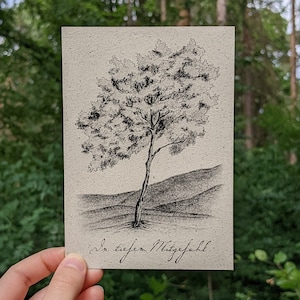 Trauerkarte Baum Beileidskarte Graspapier mit Briefumschlag, In tiefem Mitgefühl, Landschaft, Wald, Friedwald, Bestattung, Trauer