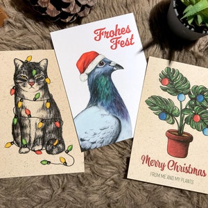 3er Set Weihnachtskarten Katze Taube Monstera mit Briefumschlag Graspapier,  nachhaltiges Geschenk