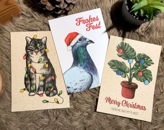 Set of 3 Christmas cards cat dove monstera with envelope grass paper, sustainable gift